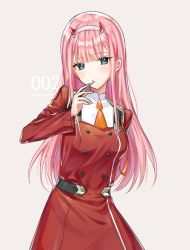 Rule 34 | 10s, 1girl, arm behind back, bad id, bad pixiv id, bi tters, candy, character name, cowboy shot, darling in the franxx, dress, food, green eyes, grey background, grey hairband, hairband, horns, lollipop, long hair, looking at viewer, necktie, orange necktie, pink hair, red dress, short dress, short necktie, simple background, solo, sparkle, standing, uniform, very long hair, zero two (darling in the franxx)