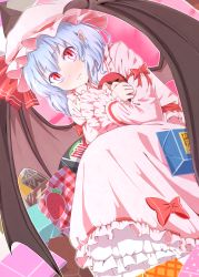 Rule 34 | 1girl, arm ribbon, bat wings, blue hair, blush, box, candy, chocolate, chocolate heart, dress, dutch angle, food, fruit, gift, gift box, hat, hat ribbon, heart, highres, juliet sleeves, long sleeves, mob cap, hugging object, oversized object, pink dress, pointy ears, puffy sleeves, red eyes, remilia scarlet, ribbon, solo, strawberry, touhou, ts512zkb, valentine, wavy mouth, wings