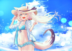 Rule 34 | 1girl, absurdres, ahoge, animal ears, arms up, bikini, blush, braid, breasts, cloud, cloudy sky, commentary request, ears through headwear, floating hair, fox ears, fox girl, fox tail, frilled bikini, frills, green bikini, green eyes, hair between eyes, hat, highres, hololive, jacket, long hair, looking at viewer, matudo yuu, navel, open clothes, open jacket, open mouth, pentagram, shirakami fubuki, shirakami fubuki (hololive summer 2019), sidelocks, single braid, sky, small breasts, solo, straw hat, swimsuit, tail, virtual youtuber, white hair, white jacket