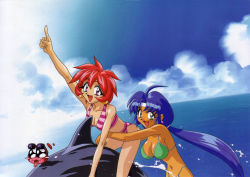 Rule 34 | 1990s (style), 2girls, armor, bikini, blue eyes, blue hair, breasts, cacao (lamune), dark-skinned female, dark skin, day, dolphin, earrings, green bikini, headband, highres, jewelry, large breasts, long hair, looking at viewer, multiple girls, navel, official art, open mouth, outdoors, parfait (lamune), pink bikini, pointing, pointing up, ponytail, pq (lamune), red eyes, red hair, retro artstyle, riding, short hair, splashing, striped bikini, striped clothes, sunglasses, swimsuit, very long hair, vs knight lamune &amp; 40 fresh, water