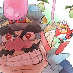 Rule 34 | 1boy, big nose, bird, clenched teeth, facial hair, food, fruit, goggles, goggles on headwear, helmet, long tongue, mustache, nintendo, official art, pointy ears, pyoro (warioware), red eyes, sweatdrop, takeuchi kou, teeth, thick eyebrows, third-party source, tongue, wario, warioware, warioware: get it together!