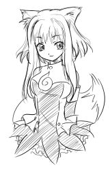 Rule 34 | 1girl, animal ears, arms behind back, detached sleeves, fox ears, fox tail, greyscale, looking at viewer, monochrome, mozilla firefox, os-tan, personification, short hair, sidelocks, simple background, sketch, sleeveless, smile, solo, tail