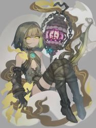 Rule 34 | 1boy, bare shoulders, black footwear, black gloves, boots, brown hair, cage, chain, chiroru (tyrol009), elbow gloves, full body, gloves, green eyes, gretel (sinoalice), grey background, hair between eyes, hansel (sinoalice), highres, hood, looking at viewer, open mouth, short hair, single glove, sinoalice, solo, teeth, thigh boots, thighhighs, trap