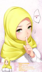 Rule 34 | 1girl, absurdres, blush, english text, green eyes, highres, hijab, kopianget, original, pink background, smile, solo