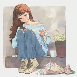 Rule 34 | 1girl, black eyes, bouquet, brown hair, cigarette, cigarette pack, commentary, cross-laced footwear, crying, crying with eyes open, cup, ddini, english commentary, flower, full body, highres, holding, holding cigarette, lighter, long hair, long sleeves, off shoulder, original, pants, plant, potted plant, shoes, single bare shoulder, sitting, smoking, solo, tears