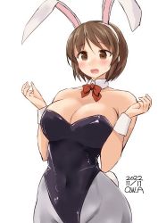 Rule 34 | animal ears, breasts, brown eyes, brown hair, cleavage, detached collar, fake animal ears, highres, kantai collection, large breasts, leotard, natori (kancolle), owa (ishtail), playboy bunny, rabbit tail, short hair, tagme