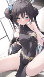 Rule 34 | 1girl, absurdres, ass, black dress, black gloves, black hair, blue archive, blush, breasts, butterfly hair ornament, china dress, chinese clothes, closed mouth, covered navel, double bun, dragon print, dress, gloves, grey eyes, grey halo, groin, hair bun, hair ornament, halo, highres, kisaki (blue archive), long hair, looking at viewer, scarlet (wv0102), sleeveless, sleeveless dress, small breasts, smile, solo