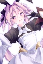 Rule 34 | 1boy, astolfo (fate), astolfo (saber) (fate), astolfo (saber) (third ascension) (fate), black dress, black gloves, blush, bow, bowtie, dress, fang, fate/grand order, fate (series), gloves, hair bow, hair intakes, hair ribbon, juliet sleeves, layered skirt, long hair, long sleeves, looking at viewer, low twintails, male focus, multicolored hair, mutou (arigatou banira), one eye closed, open mouth, pink hair, puffy sleeves, purple eyes, ribbon, skin fang, skirt, smile, streaked hair, trap, twintails, v, white hair, white skirt, wide sleeves
