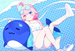 Rule 34 | 1girl, ahoge, aqua jacket, barefoot, bikini, blue archive, blue eyes, breasts, commentary, eyewear on head, feet, frilled bikini, frills, hair bobbles, hair ornament, halo, heterochromia, highres, hoshino (blue archive), hoshino (swimsuit) (blue archive), inflatable toy, inflatable whale, jacket, long hair, looking at viewer, low twintails, open clothes, open jacket, orange eyes, pink hair, sandals, shoes, signalviolet, simple background, single shoe, sitting, small breasts, soles, solo, sunglasses, swimsuit, symbol-only commentary, toes, twintails, w, water, white bikini, white footwear