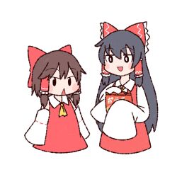 Rule 34 | 2girls, animated, animated gif, ascot, bag, black eyes, black hair, blush, bow, bright pupils, brown hair, chibi, chips (food), closed eyes, closed mouth, commentary request, cookie (touhou), detached sleeves, dress, feeding, food, frilled bow, frilled hair tubes, frills, full body, hair bow, hair tubes, hakurei reimu, highres, holding, holding bag, hotaruda (cookie), long hair, looping animation, medium bangs, medium hair, multiple girls, open mouth, potato chips, red bow, red dress, ribbon-trimmed sleeves, ribbon trim, sakenomi (cookie), sidelocks, simple background, sleeveless, sleeveless dress, sleeves past fingers, sleeves past wrists, smile, touhou, triangle mouth, wavy mouth, white background, white pupils, white sleeves, wide sleeves, y75zei, yellow ascot