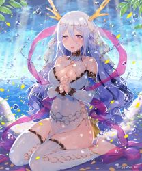 Rule 34 | 1girl, bare shoulders, barefoot, blush, breasts, cleavage, feet, horns, large breasts, light rays, long hair, looking at viewer, nail polish, open mouth, original, own hands clasped, own hands together, purple eyes, shawl, silver hair, sitting, solo, sunbeam, sunlight, thighhighs, toeless legwear, toes, very long hair, wariza, water drop, white thighhighs, yuuhi homare