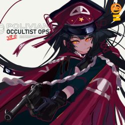 Rule 34 | 1girl, absurdres, aiming, black gloves, black hair, black shirt, cape, finger on trigger, floating hair, gloves, glowing, glowing eyes, gun, handgun, hat, highres, holding, holding gun, holding weapon, long hair, luger p08, orange eyes, original, peaked cap, polilla, red cape, red hat, shirt, solo, very long hair, weapon