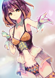 Rule 34 | 1girl, absurdres, blonde hair, breasts, brown eyes, cleavage, clenched hand, collarbone, cowboy shot, detached collar, dress, dutch angle, gloves, gradient hair, halloween, heart, highres, looking at viewer, multicolored hair, okuto, original, outstretched hand, purple hair, short hair, smile, solo, thighhighs