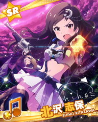 Rule 34 | 10s, 1girl, artist request, beamed quavers, belt, brown eyes, brown hair, card (medium), character name, character signature, dual wielding, earrings, fingerless gloves, gloves, gun, hair ornament, hairclip, handgun, holding, idolmaster, idolmaster million live!, jewelry, kitazawa shiho, long hair, looking at viewer, midriff, musical note, navel, official art, open mouth, revolver, signature, skirt, solo focus, weapon