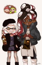 Rule 34 | !, !!, + +, 1boy, 3girls, ;d, alternate hairstyle, bag, belt, black belt, black choker, black coat, black dress, black footwear, black hair, black headwear, black legwear, blunt bangs, boots, bottle, brown eyes, casual, cephalopod eyes, chibi, chibi inset, choker, coat, colored skin, commentary, constricted pupils, dark-skinned female, dark skin, dated, dress, earrings, fangs, fishnet legwear, fishnets, fur coat, fur hat, green eyes, green hair, hair up, hairband, hand on own hip, handbag, hat, holding, holding bag, holding bottle, inkling, inkling (language), inkling girl, inkling player character, jewelry, knee boots, long hair, long sleeves, looking at viewer, makeup, marina (splatoon), mascara, mask, medium dress, medium hair, mohawk, mole, mole under mouth, multicolored skin, multiple girls, nintendo, octoling, octoling boy, octoling player character, one eye closed, open clothes, open coat, open mouth, pantyhose, pearl (splatoon), pink pupils, pointy ears, red hair, red skin, ribbed dress, short dress, short hair, side slit, smile, splatoon (series), splatoon 2, spoken exclamation mark, standing, suction cups, symbol-only commentary, white background, white dress, white footwear, white hairband, yeneny, zipper