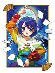 Rule 34 | 1girl, blue eyes, blue hair, cape, card, hairband, highres, howhow notei, looking at viewer, moon, multicolored hairband, open mouth, pointing, pointing up, second-party source, short hair, solo, tenkyuu chimata, touhou, white cape