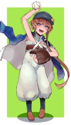 Rule 34 | 1girl, absurdres, ball, baseball, baseball cap, baseball glove, baseball uniform, blue eyes, blue hat, braid, brown footwear, brown hair, fangs, fate/grand order, fate (series), hand up, hat, highres, holding, holding ball, jacket, jacket on shoulders, looking at viewer, navel, open clothes, open jacket, open mouth, pants, puffy pants, shadow, shimogamo (shimomo 12), side braid, solo, sportswear, tears, teeth, trembling, van gogh (fate), white pants