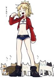 Rule 34 | 1girl, :3, animal, belt, black footwear, blonde hair, boots, cat, closed eyes, denim, denim shorts, fang, fate/apocrypha, fate (series), highres, jacket, jewelry, mordred (fate), mordred (fate/apocrypha), necklace, open clothes, open jacket, open mouth, ponytail, red jacket, short shorts, shorts, simple background, standing, translation request, uotsu (sabakou), white background