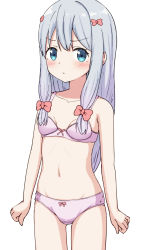 Rule 34 | 1girl, bare arms, bare shoulders, blue eyes, blush, bow, bow bra, bow panties, bra, breasts, closed mouth, collarbone, eromanga sensei, grey hair, groin, hair bow, highres, izumi sagiri, long hair, looking at viewer, navel, panties, pink bra, pink panties, red bow, simple background, small breasts, solo, takasuma hiro, underwear, underwear only, v-shaped eyebrows, very long hair, white background