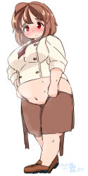 Rule 34 | ascot, bad id, bad pixiv id, blush, breasts, brown hair, chef, dressing, eno konoe, eyebrows, fat, frown, large breasts, loafers, midriff, mikomu, navel, original, red eyes, shoes, skirt, sleeves rolled up, solo, sweat, thick eyebrows