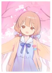 Rule 34 | 1girl, blue bow, blue eyes, blush, border, bow, brown eyes, brown hair, commentary, dress, futaba anzu, hair bow, highres, idolmaster, idolmaster cinderella girls, long hair, looking at viewer, low twintails, matanukinuki, open clothes, open mouth, solo, twintails, white border