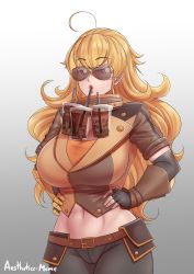 Rule 34 | 1girl, abs, absurdres, aestheticc-meme, ahoge, blonde hair, breasts, bubble tea, bubble tea challenge, cleavage, drinking, drinking straw, ember celica (rwby), fingerless gloves, gloves, hands on own hips, highres, large breasts, looking at viewer, mechanical arms, meme, prosthesis, prosthetic arm, rwby, single mechanical arm, solo, yang xiao long