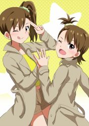 Rule 34 | 2girls, ;d, ;q, brown coat, brown hair, brown shorts, coat, collarbone, dars (recolors), floating hair, futami ami, futami mami, hair between eyes, hair ornament, hair scrunchie, high ponytail, idolmaster, idolmaster (classic), long hair, multiple girls, navel, one eye closed, open clothes, open coat, open mouth, scrunchie, shirt, short hair, short shorts, shorts, siblings, side ponytail, sisters, smile, tongue, tongue out, twins, yellow background, yellow shirt