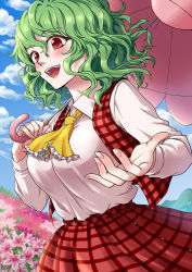 Rule 34 | 1girl, :d, ascot, blush, breasts, cloud, cloudy sky, collar, field, flower, flower field, green hair, highres, holding, holding umbrella, kazami yuuka, large breasts, medium hair, mokku, open mouth, outstretched hand, parasol, plaid, plaid skirt, plaid vest, reaching, reaching towards viewer, red eyes, shirt, short hair, skirt, sky, smile, solo, touhou, umbrella, upper body, vest, wavy hair, white collar, white shirt, yellow ascot