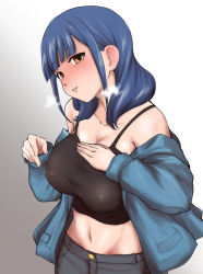 Rule 34 | 1girl, aoyama kiiro, armpit crease, bare shoulders, black camisole, blue hair, blue jacket, blunt bangs, blush, breasts, brown eyes, camisole, cleavage, collarbone, commentary request, cowboy shot, crop top, gradient background, grey background, grey pants, hanayagi kaoruko, hand on own chest, hands up, head tilt, heavy breathing, jacket, large breasts, long hair, long sleeves, looking at viewer, midriff, navel, nose blush, off shoulder, official alternate costume, open clothes, open jacket, pants, parted lips, pocket, shoujo kageki revue starlight, sidelocks, solo, spaghetti strap, standing, stomach, sweat, white background