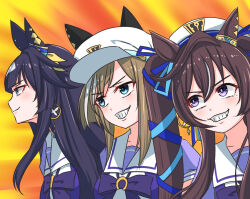 3girls anikinoihai893 animal_ears beret black_hair blue_eyes blush breasts brown_hair cheval_grand_(umamusume) closed_mouth grin hair_between_eyes hair_ornament hat long_hair looking_to_the_side medium_breasts mole mole_under_eye multiple_girls parody siblings simple_background sisters smile twintails umamusume v_sisters verxina_(umamusume) vivlos_(umamusume)