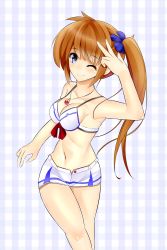 Rule 34 | 00s, 1girl, adapted costume, armpits, blue eyes, breasts, brown hair, cleavage, hair ornament, highres, jewelry, long hair, looking at viewer, lyrical nanoha, mahou shoujo lyrical nanoha, navel, necklace, one eye closed, raising heart, short shorts, shorts, side ponytail, smile, solo, sonyntendo, takamachi nanoha