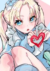 Rule 34 | 1girl, :o, apron, aqua hair, blonde hair, blue eyes, blue jacket, blush, commentary, fang, frilled apron, frills, gradient hair, heart, heart hands, heart in heart hands, highres, jacket, jersey maid, knees up, link! like! love live!, long hair, long sleeves, looking at another, love live!, maid, maid headdress, multicolored hair, oihlf, osawa rurino, parted bangs, skin fang, solo, track jacket, twintails, unconventional maid, upper body, virtual youtuber, white apron