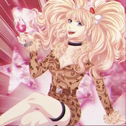 Rule 34 | 1girl, alcohol, bare legs, belt, belt buckle, black choker, blonde hair, blue eyes, bow, breasts, buckle, cheetah, cheetah print, choker, cleavage, coat, collarbone, collared coat, collared jacket, crossed legs, cup, danganronpa: trigger happy havoc, danganronpa (series), danganronpa 3 (anime), drinking glass, enoshima junko, fake nails, feet out of frame, fingernails, fluffy, fluffy collar, full body, hair bow, hair ornament, highres, holding, holding cup, holding glass, jacket, lace, lace choker, leaning back, legs, looking at viewer, looking down, multicolored background, nail polish, open mouth, pink background, rabbit hair ornament, red bow, red nails, simple background, sitting, star (symbol), teeth, bridal garter, tongue, twintails, two-tone bow, upper teeth only, white background, white bow, wine, wine glass, zerocharrm