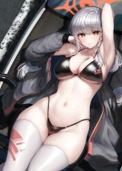 Rule 34 | 1girl, absurdres, armpits, bikini, black bikini, blue archive, blush, braid, breasts, grey hair, halo, haruna (blue archive), highleg, highres, jacket, kagi f, large breasts, long sleeves, looking at viewer, lying, midriff, navel, on back, open clothes, open jacket, red eyes, side braid, solo, swimsuit, thigh gap, thighhighs, thighs