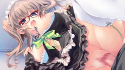 Rule 34 | 9-nine-, animated, animated gif, blue eyes, bouncing breasts, breasts, censored, clothes lift, dress, dress lift, game cg, garter straps, glasses, highres, kujou miyako, large breasts, light brown hair, looping animation, maid, maid headdress, nipples, open mouth, red-framed eyewear, sex, thighhighs, twintails, vaginal, white legwear