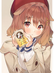 Rule 34 | 1girl, :o, absurdres, animal ears, beret, blush, brown background, brown coat, brown hair, can, coat, dog ears, hair between eyes, hair ornament, hairclip, hands up, hat, highres, holding, holding can, hololive, inugami korone, joker (tomakin524), long sleeves, looking at viewer, parted lips, red eyes, red hat, ribbed sweater, sleeves past wrists, solo, sweater, translation request, two-tone background, upper body, virtual youtuber, white background, white sweater, x hair ornament