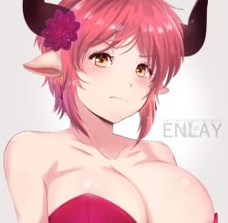 Rule 34 | 1girl, animal ears, annoyed, breasts, draph, dress, enlay, female focus, granblue fantasy, highres, horns, large breasts, red dress, red hair, sturm (granblue fantasy), yellow eyes