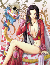 Rule 34 | 1girl, amazon lily, amazon warrior, bandana, black hair, boa hancock, breasts, cape, cleavage, earrings, female focus, highres, horns, jacket, jewelry, long hair, long skirt, midriff, navel, one piece, pet, red jacket, salome (one piece), sash, side slit, sitting, skirt, skull, snake, spotted