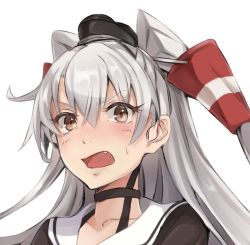 Rule 34 | 10s, 1girl, amatsukaze (kancolle), bad id, bad twitter id, blush, brown eyes, choker, fang, kantai collection, long hair, md5 mismatch, open mouth, pokimari, portrait, resized, silver hair, solo, two side up, white background