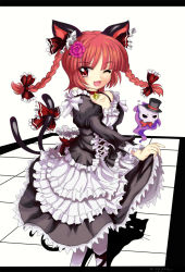 Rule 34 | 1girl, :3, alternate hairstyle, animal ears, bell, blunt bangs, bow, braid, cat ears, cat girl, cat skull, cat tail, choker, clothes lift, dress, dress lift, fang, female focus, flower, frills, gathers, gothic lolita, hair flower, hair ornament, hair ribbon, hat, highres, jingle bell, kaenbyou rin, letterboxed, lolita fashion, north abyssor, one eye closed, open mouth, pantyhose, red eyes, red hair, ribbon, shadow, short hair, smile, solo, tail, tail bow, tail ornament, top hat, touhou, twin braids, twintails, wink