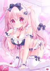 Rule 34 | 1girl, :3, animal ears, balloon, bell, black ribbon, bra, breasts, cat ears, cat girl, chiika (cure cherish), closed mouth, commentary request, english text, frilled bra, frilled panties, frills, hair ribbon, heart balloon, indoors, kneeling, lingerie, long hair, maid headdress, medium breasts, navel, neck bell, neck ribbon, original, panties, pink eyes, pink hair, pink ribbon, pink theme, ribbon, solo, thighhighs, two side up, underwear, white thighhighs, wrist cuffs