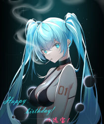 Rule 34 | 1girl, absurdres, aqua eyes, bare shoulders, bikini, black background, black bikini, black choker, blue hair, breasts, choker, cigarette, cleavage, closed mouth, ear piercing, gradient background, green background, happy birthday, hatsune miku, heart, highres, large breasts, long hair, looking at viewer, mouth hold, na2cl, number tattoo, piercing, shoulder tattoo, smoke, smoking, solo, sparkle, swimsuit, tattoo, twintails, upper body, v-shaped eyebrows, very long hair, vocaloid
