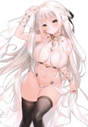 Rule 34 | 1girl, absurdres, arm up, bare shoulders, black thighhighs, blush, braid, breasts, brown eyes, closed mouth, collarbone, earrings, elf, highres, holding, jewelry, large breasts, lips, long hair, looking at viewer, navel, original, pointy ears, revealing clothes, ring, scan, silver hair, simple background, smile, solo, sora 72-iro, stomach, thighhighs, thighs