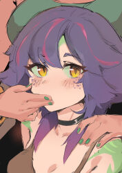 Rule 34 | 2girls, absurdres, black choker, blush, breasts, cafin, choker, cleavage, colored skin, female focus, finger in another&#039;s mouth, green nails, green skin, highres, large breasts, league of legends, looking at viewer, multiple girls, nail polish, neeko (league of legends), orange eyes, pink hair, purple hair, qiyana (league of legends), solo focus, upper body
