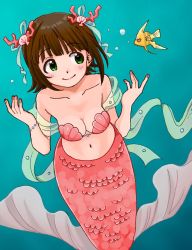 Rule 34 | 1girl, amami haruka, bare shoulders, bikini, blush, bracelet, breasts, brown hair, bubble, cleavage, commentary request, coral, fish, green eyes, hair ribbon, heart, heart-shaped eyes, highres, idolmaster, idolmaster (classic), jewelry, looking to the side, medium breasts, mermaid, monster girl, nail polish, naruse ill, navel, ocean, pearl bracelet, pink nails, ribbon, shawl, shell, shell bikini, short hair, smile, solo, strapless, strapless bikini, swimsuit, tropical fish, underwater