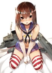 Rule 34 | 1girl, absurdres, bed sheet, blush, brown eyes, brown hair, collarbone, cosplay, crop top, elbow gloves, embarrassed, flat chest, from above, full body, gloves, greatmosu, hair between eyes, headgear, highres, kantai collection, looking at viewer, machinery, matching hair/eyes, midriff, miniskirt, navel, neckerchief, open mouth, pleated skirt, school uniform, serafuku, shimakaze (kancolle), shimakaze (kancolle) (cosplay), shoes, sitting, skirt, sleeveless, solo, striped clothes, striped thighhighs, taihou (kancolle), thighhighs, v arms, wariza, white gloves, zettai ryouiki
