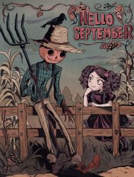 Rule 34 | 1boy, 1girl, bird, black hair, crow, fence, freckles, hackto, hat, jack-o&#039;-lantern, monster, original, outdoors, pitchfork, plant, red eyes, ringlets, scarecrow, smile, suspenders, twintails
