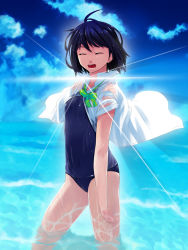 Rule 34 | 1girl, cloud, day, female focus, flat chest, hamada youho, lens flare, no pants, one-piece swimsuit, open clothes, open shirt, original, outdoors, school swimsuit, shirt, sky, solo, swimsuit, swimsuit under clothes