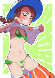 Rule 34 | 1girl, armpits, asymmetrical hair, bikini, bikini under clothes, blue hat, blush, border, braid, breasts, brown eyes, brown hair, clothes lift, clothes pull, clothing cutout, collarbone, cowboy shot, creatures (company), drawstring, emphasis lines, female focus, fumirumochigashin, game freak, green background, green bikini, grin, hair ornament, hairclip, hands up, happy, hat, highres, japanese text, juliana (pokemon), lifting own clothes, looking at viewer, matching hair/eyes, navel, necktie, nintendo, orange necktie, orange shorts, outline, outside border, pocket, pokemon, pokemon sv, shirt, shirt lift, short sleeves, shorts, shorts pull, side braid, simple background, single braid, small breasts, smile, solo, sprigatito, standing, stomach, sun hat, swept bangs, swimsuit, swimsuit under clothes, talking, teeth, translation request, v-shaped eyebrows, white border, white outline, white shirt