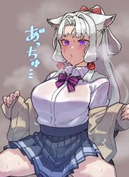 Rule 34 | 1girl, alternate costume, animal ears, black bow, black bowtie, blue skirt, bow, bowtie, breasts, brown jacket, commentary request, dress shirt, feet out of frame, fox ears, fox girl, grey background, grey hair, hair intakes, highres, invisible chair, jacket, large breasts, long hair, long sleeves, looking down, parted bangs, pink bow, pink bowtie, pleated skirt, ponytail, pout, purple eyes, raised eyebrows, removing jacket, school uniform, shirt, shirt tucked in, sidelocks, sitting, skirt, solo, spread legs, steaming body, sweat, toriniku29, touhoku itako, translation request, two-tone bowtie, voiceroid, wet, wet clothes, wet shirt, white shirt